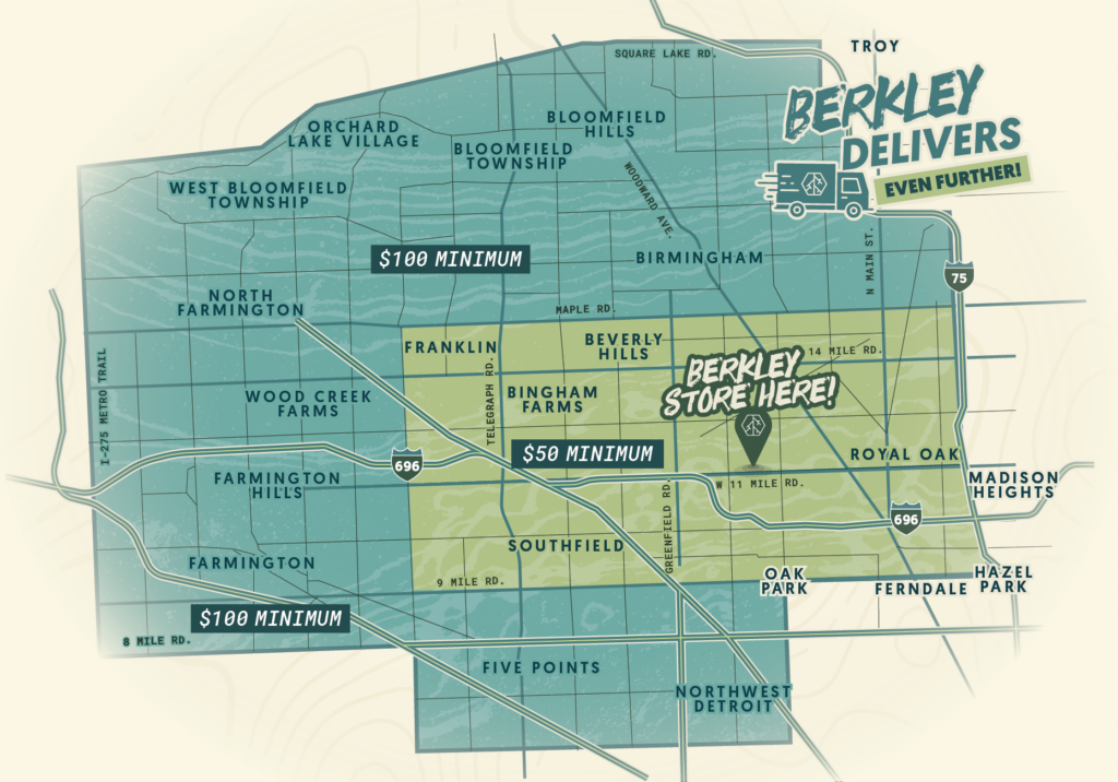 A map of eligible areas for cannabis delivery from Quality Roots including Berkley, Bloomfield, Royal Oak, Birmingham, and Farmington