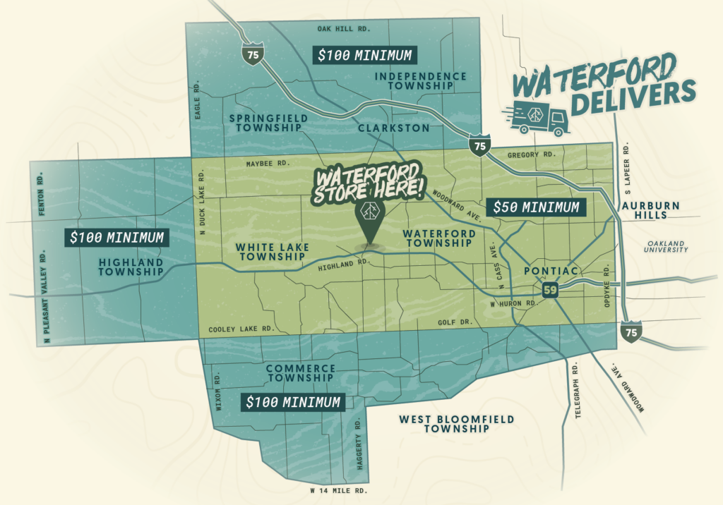 A map of eligible delivery areas for Quality Roots Waterford including Clarkston, Highland, Commerce, and Pontiac